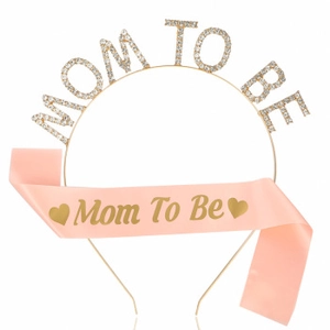 Detailed view of Mommy to Be set with pink satin sash and rhinestone tiara headband