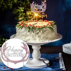 Pink rhinestone Happy Birthday cake topper with reindeer antlers and metal base