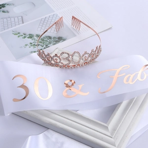 Rose gold 30th birthday set with rhinestone crown and white satin 30 & Fab sash