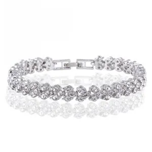 Detail of silver sparkling rhinestone bracelet with multi-row gems and folding clasp