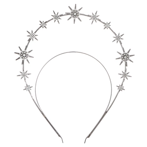 Serre-tête halo baroque double couche argenté avec strass scintillants soleil et étoiles