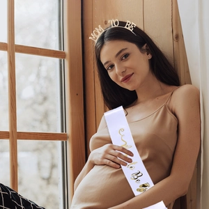 White satin Mom to Be sash and gold metal tiara set for baby shower party celebrations