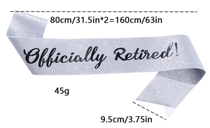 Silver glitter retirement sash with black Officially Retired text and size dimensions