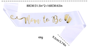 White satin Mom to Be sash with gold foil text showing 9.5cm width and 160cm length