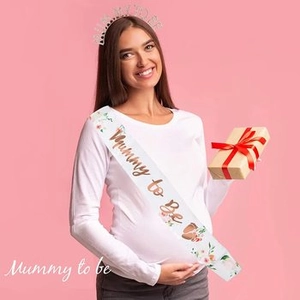 Mommy to be satin sash and silver tiara set for baby shower party decorations