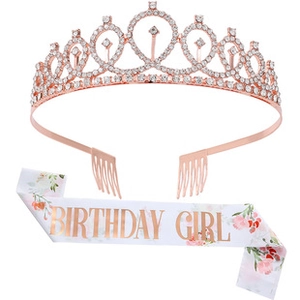Detail of rose gold birthday crown with rhinestones and floral Birthday Girl satin sash