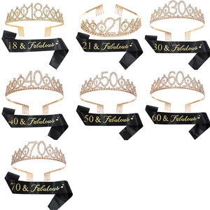 Golden rhinestone tiara and black satin sash set for 18th to 70th birthday party