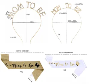 Detailed size chart showing Mommy to Be headband dimensions and ceremonial sash length
