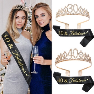 Detail showing 30 and 40 birthday rhinestone tiara crowns with black satin fabulous sashes
