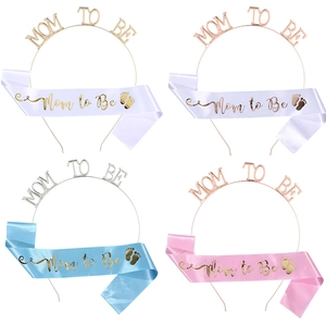Detail view of Mom to Be satin sash and metal headband sets in four elegant color options