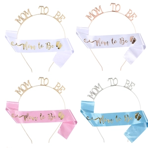 Detail view of Mom to Be party set with gold metal headband and satin sash in four colors