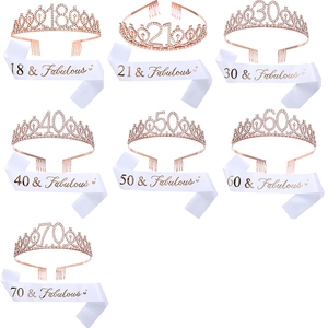 Macro shot of rose gold birthday tiaras and matching satin sashes with glitter numbers