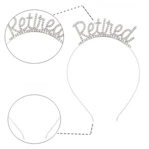 Detailed view of silver Retired headband with sparkling rhinestones for retirement parties