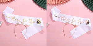 Detail of Mom to Be sash and metal headband set in gold and rose gold colors