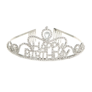 Detail of silver birthday crown featuring crystal rhinestones and Happy Birthday lettering