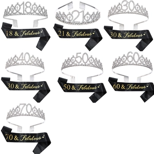 Detail view of seven birthday party sets with rhinestone tiaras and satin sashes for ages 18-70