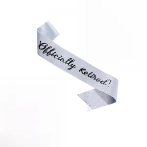 Detail of silver glitter sash with black Officially Retired text and close-up views