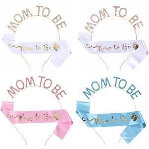 Macro detail of the Mom To Be sash and rhinestone headband set in four different colors