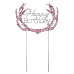 Pink rhinestone antler Happy Birthday cake topper with silver metal frame decoration
