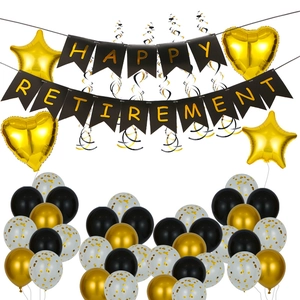 Black and gold Happy Retirement party set with swallowtail banners and star balloons
