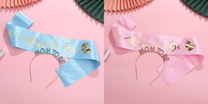Pink and blue satin Mom to Be sashes with matching rhinestone headbands for baby showers