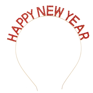 Sparkly Happy New Year headband with red rhinestones on a slim golden metal frame