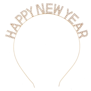 Golden Happy New Year headband with sparkling rhinestones for party celebrations