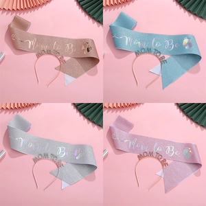 Detail of Mom to Be sash and rhinestone headband set in four different soft colors
