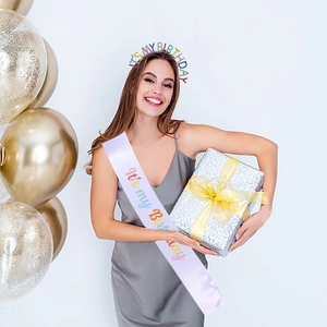 Birthday set with rhinestone tiara headband and satin sash for celebration parties