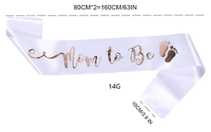 White satin Mom to Be sash with rose gold lettering and baby footprints detail