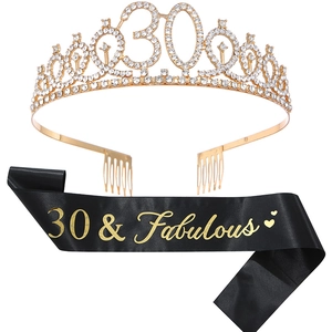 Golden rhinestone crown with number 30 and black 30 & Fabulous satin sash birthday set