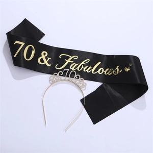 Detail of 70 & Fabulous black satin sash and sparkling silver rhinestone birthday tiara
