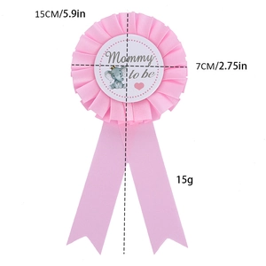Pink Mommy to Be badge with crown elephant design and size dimensions for baby showers