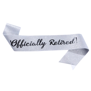 Sparkling silver glitter sash with black Officially Retired text for party celebration