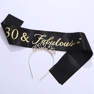 Detail of 30 & Fabulous black satin sash and sparkling silver rhinestone 30th birthday tiara