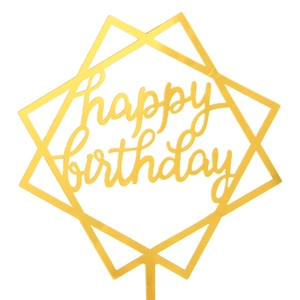 Detailed view of a golden geometric square cake topper with Happy Birthday cursive script