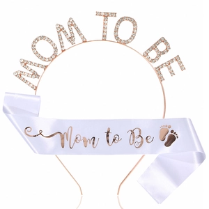 Rose gold Mom to Be tiara and white satin sash set for baby shower party decorations