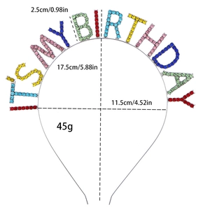 Detailed dimensions of the colorful rhinestone 'IT'S MY BIRTHDAY' metal headband