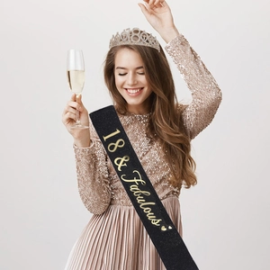 Detail of crystal crown and 18 Fabulous sash set for 18th birthday party celebration