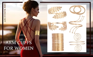 Detailed set of six gold-tone boho arm cuffs and leaf bangles for women's arm jewelry