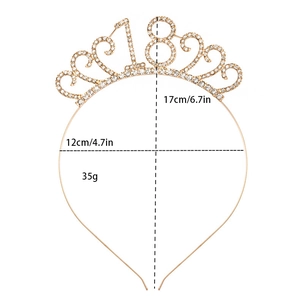 Detailed size view of golden 18th birthday crown with rhinestones and 17cm height spec