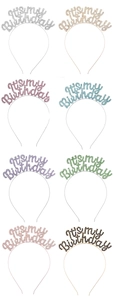 Detailed view of rhinestone It's my birthday headbands in 8 vibrant glittery colors