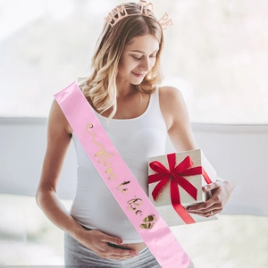 Pink satin Mom to Be sash and rose gold metal headband set for baby shower party