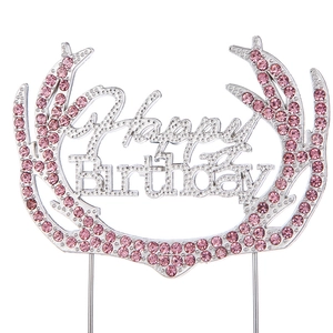 Elegant Happy Birthday cake topper with pink crystals and silver metal finish