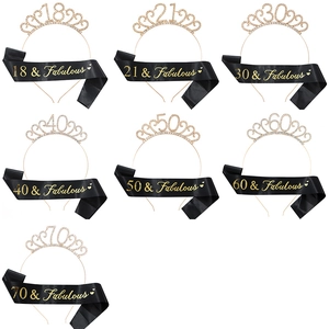 Birthday set with rhinestone tiara and gold glitter sash for 18th to 70th party