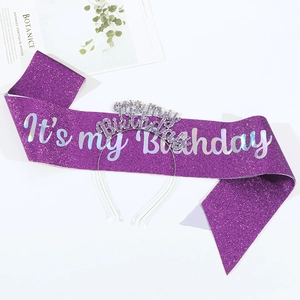 Detail of purple sequin 'It's my Birthday' sash and matching rhinestone headband set