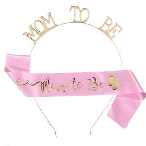 Pink satin Mommy to Be sash and gold metal headband set for baby shower parties