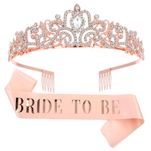 Rose gold crystal crown and pink satin Bride To Be sash set for bridal party celebrations