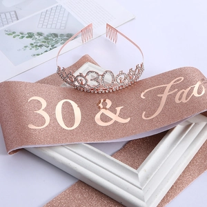 Rose gold 30th birthday set with crystal rhinestone tiara and 30 & Fabulous sash
