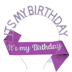Sparkling purple rhinestone birthday headband set with glitter sash for party girls